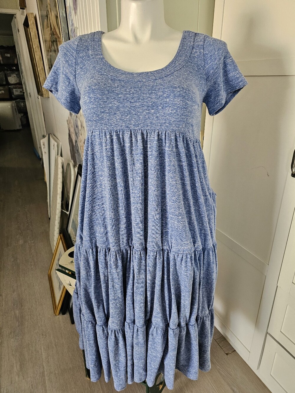Wayward Fancies Custom Blue Knit Tiered Dress Womens Lg Fits Sz 8 10 12 L Pocket